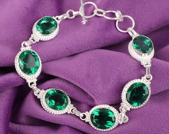 Faceted Green Emerald Bracelet: Handmade 925 Sterling Silver, Adjustable Chain