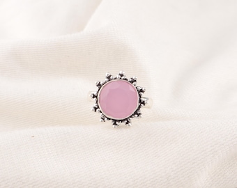 Handmade Pink Chalcedony 925 Sterling Silver Statement Ring