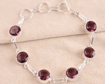 Handmade Pink Amethyst 925 Sterling Silver Bracelet: Round Gemstone