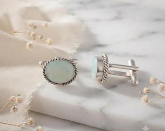 Milky Opal Cufflinks: Handmade 925 Sterling Silver, Gift For Man
