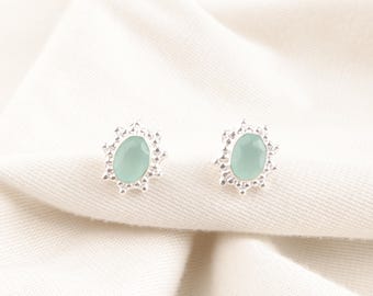 Aqua Chalcedony Earrings: 925 Sterling Silver, Oval Gemstone