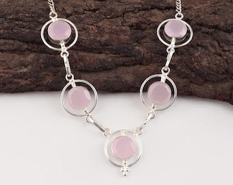 Pink Chalcedony Necklace in Sterling Silver, Soft Blush Pink Gemstone, Wedding Gift