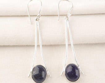 Boucles d'oreilles faites main en sodalite : argent sterling 925, pierre précieuse ovale