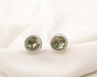 Green Amethyst Stud Earrings- Handmade Silver Studs- 925 Sterling Silver Stud Earrings- Gift For Her- Round Amethyst Earring For Gift
