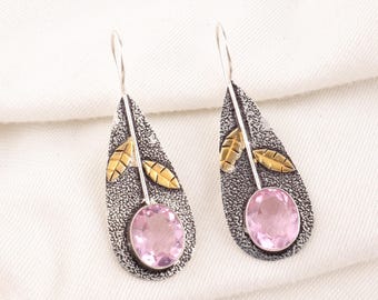 Pink Kunzite Sterling Silver Earrings: Antique Boho Gemstone Jewelry