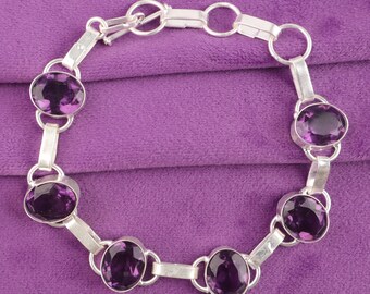 Handgefertigtes Amethyst-Armband: Ovaler Edelstein, Sterling Silber, 23 cm