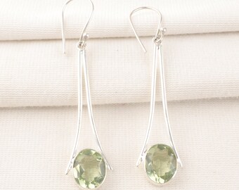 Handmade Green Amethyst Earrings: Oval Sterling Silver Dangle