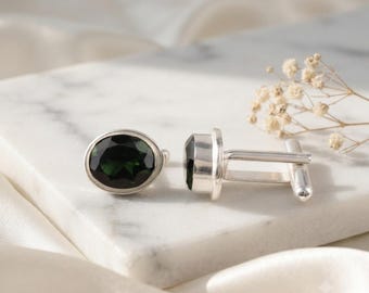 Chrome Diopside Cufflinks - Handmade Oval Gemstone,  Engraved Cufflinks, Sterling Silver, Wedding Cufflinks for Groom