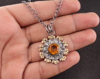 シトリンペンダントネックレス、925スターリングシルバー、ラウンドジェムストーン