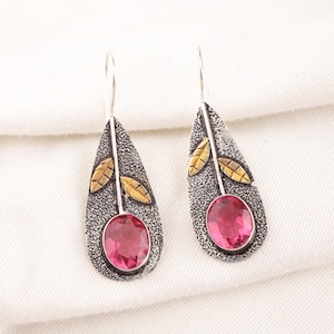 Pink Tourmaline Oval Earrings: Handmade 925 Sterling Silver, Vintage Style