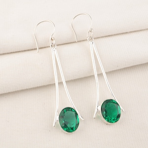 Green Emerald Silver Earrings, 925 Sterling Silver Drop Earring, Handmade Gemstone Jewelry, Emerald Oval Shape Earring, Women&#39;s Gifts
