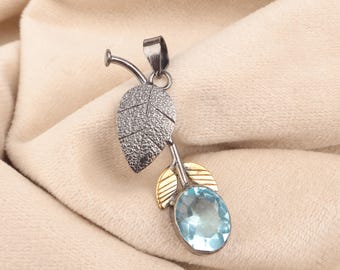 Sky Blue Topaz Necklace: Sterling Silver Leaf Pendant, December Birthstone