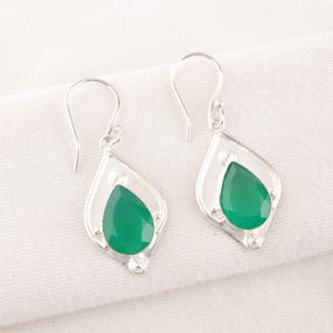 Green Onyx Earrings: Sterling Silver Dangle Drop, May Birthstone