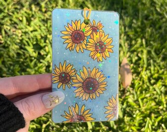 Blue Sunflower Hand Drawn Bookmark | Laminated Holographic Handmade |