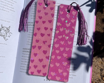 Handmade Heart Pattern Bookmarks: Pink & Purple Laminated Pair Y2k