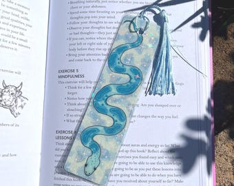 Blue Holographic Snake Bookmark: Handmade and Hand Drawn. Whimsical