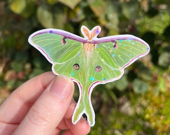 Holographic Glitter Luna Moth Sticker: Mystical Insect Decal | Waterproof