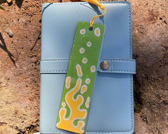 Green Yellow Groovy Pattern Bookmark | Handmade Hand-Drawn, Holographic