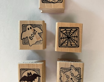 HALLOWEEN Combo Set of 5 Wood Mounted and Unmounted Vintage RUBBER Stamps Deeply Etched for stamping Polymer, Paper, Wood, Fabric.