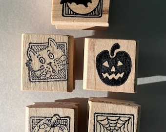 HALLOWEEN Combo Set of 5 Different designs Wood Mounted Vintage RUBBER Stamps Deeply Etched for stamping Polymer, Paper, Wood, Fabric.
