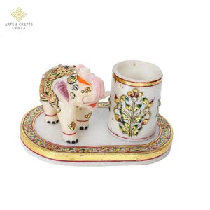 ARTS & CRAFTS Handcrafted Marble Elephant Pen Stand 24Kt Gold Painted Indian Desk Organizer|Traditional Elephant Statue Pen Holder for Offic