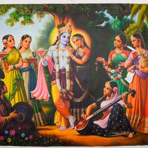 ARTS & CRAFTS Eternal Love of Radha Krishna with Gopis - Handmade Canvas Oil Painting | Vibrant Spiritual Wall Art | Indian Mythology Decor|