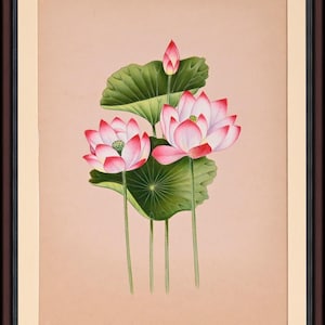 ARTS & CRAFTS Miniature Painting of Pink Lotus Flowers and Lush Green Leaves on Paper |Wall art| housewarming gifts||living room art |