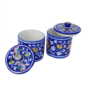 ARTS & CRAFTS Hand-Painted Mughal Floral Blue Pottery Storage Jar Set| Multi-Color Lidded Containers| Food Storage| Home Decor| gift for her