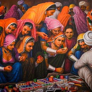Rajasthani Handmade Oil Painting of Bangle Market | Traditional Indian Folk Art Wall Decor for Living Room | Large 6x4 ft Canvas| Home Decor