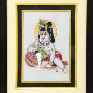ARTS & CRAFTS  Marble 24kt Gold Painted Krishna Painting In Portrait Frame|marble hindu gods|living room art|gifts for him|unique wall art
