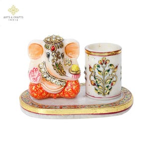 ARTS & CRAFTS Handcrafted Marble Ganesh Pen Stand with 24Kt Gold Detailing – Indian Hand-Painted Desk Organizer for Office Home Decor |