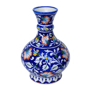 Handcrafted Blue Pottery Flower Vase | Unique Ceramic Vintage Art | Painted Minimalist Vase for Decor | Elegant Antique Home Interior Design
