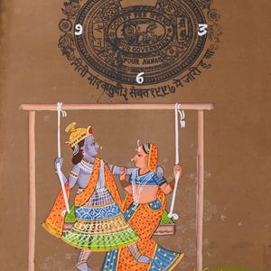 ARTS & CRAFTS Pichwai Radha Krishna Painting on Antique Jaipur Court Fee Stamp Paper Handcrafted Indian Art| Hindu wall art| gift for her|