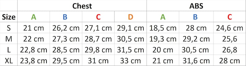 Pu&ograve; includere: Tabella delle taglie per un capo di abbigliamento con misure in centimetri per il petto e l'ABS. La tabella mostra le taglie S, M, L e XL con misure per le taglie del petto A, B, C e D, e le taglie dell'ABS A, B e C.