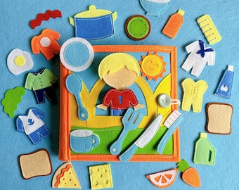 Aventures d'apprentissage quotidiennes pour les tout-petits - Livre silencieux en feutre de coton fabriqué à la main, cadeau sensoriel Montessori unique pour s'amuser et éduquer au quotidien