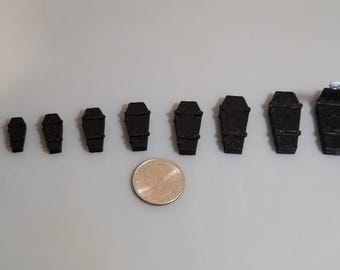 Ataúdes en miniatura impresos en 3D / Miniaturas de PLA sin pintar / Dioramas, casas de muñecas, manualidades, amuletos / Tallas XXS – 4XL (5 mm – 45 mm)