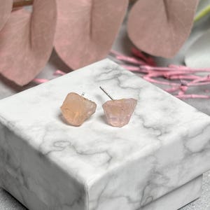 Può includere: Un paio di orecchini a lobo in pietra preziosa grezza color pesca chiaro. Gli orecchini sono montati su perni d'argento e poggiano su una scatola con motivo marmoreo bianco. Foglie e steli rosa sullo sfondo.
