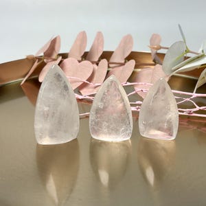 Peut inclure: Trois cristaux de quartz transparents et polis, avec une base arrondie et un sommet pointu, sont disposés sur un plateau doré. Les cristaux ont une légère teinte rose. Du feuillage décoratif rose et blanc est en arrière-plan.