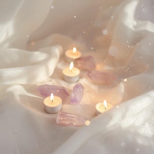 May include: A serene composition featuring lit tea light candles and amethyst crystals arranged on a white, textured fabric. The soft lighting and purple crystals create a calming, spiritual aesthetic. The candles are in small, white holders.