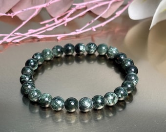 Seraphinite bracelet, elastic, 7 mm beads, natural stone gemstone bracelet, shimmering green, high quality