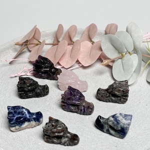 Könnte beinhalten: Eine Sammlung kleiner, geschnitzter Drachenfiguren in verschiedenen Farben und Steinarten, darunter Schwarz, Blau, Lila und Rosa. Die Drachen sind auf einem hellgrauen, kreisförmigen Tablett mit rosa und grünen dekorativen Blättern angeordnet.