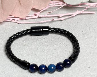 Leather bracelet with blue tiger eye beads and magnetic clasp, men's leather bracelet, pearl bracelet for men, modern jewelry
