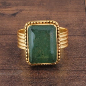 Emerald Green Jade 22kt Gold Plated Brass Ring Gifts Idea For Her, Handmade Emerald Cut Gemstone Textured Band Ring For Women AnniversarySEO