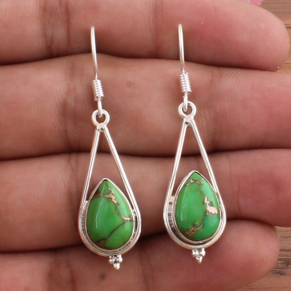 Green Copper Turquoise Earrings, Boho Turquoise Teardrop Earrings, 925 Sterling Silver Earrings, Gemstone Silver Earrings, Earring For Women