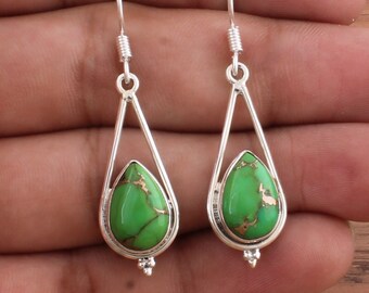 Green Copper Turquoise Earrings, Boho Turquoise Teardrop Earrings, 925 Sterling Silver Earrings, Gemstone Silver Earrings, Earring For Women