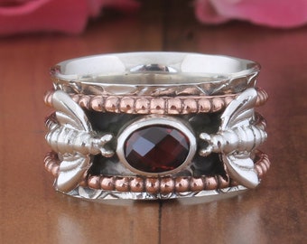 Red Garnet Gemstone Silver Spinner Ring, 925 Sterling Silver Faceted Cut Spinner Ring, Two Tone Designer Spinner, Two Honey Bee Spinner Ring