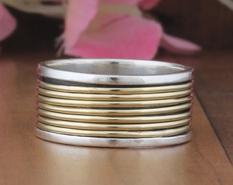 Solide 925 Sterling Silber gehämmert Strukturierte Spinner Ring Geschenke für sie, handgemachte zweifarbige Silber Fidget Sorgen Angst Ring für Frauen Schmuck