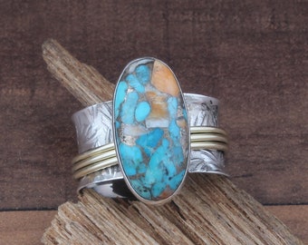 Turquoise Gemstone Ring, Fidget Anxiety Spinner Ring, Sterling Silver Ring for Women, Silver Spinner Ring, Worry Ring, Carved Band Ring Gift