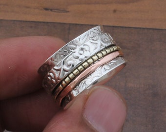 Floral Carved Spinner Ring For Women, Fidget Anxiety Ring, Sterling Silver Ring For Her, Meditation Spinner Ring, Boho Jewelry Gift For Him