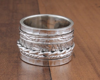 Antiker oxidierter silberner Band-Fidget-Sterlingsilber mit 925 gestempelter Reinheits-Angst-Ring für Männer Frauen, handgemachte Spinner-Ring-Geschenke Mutter